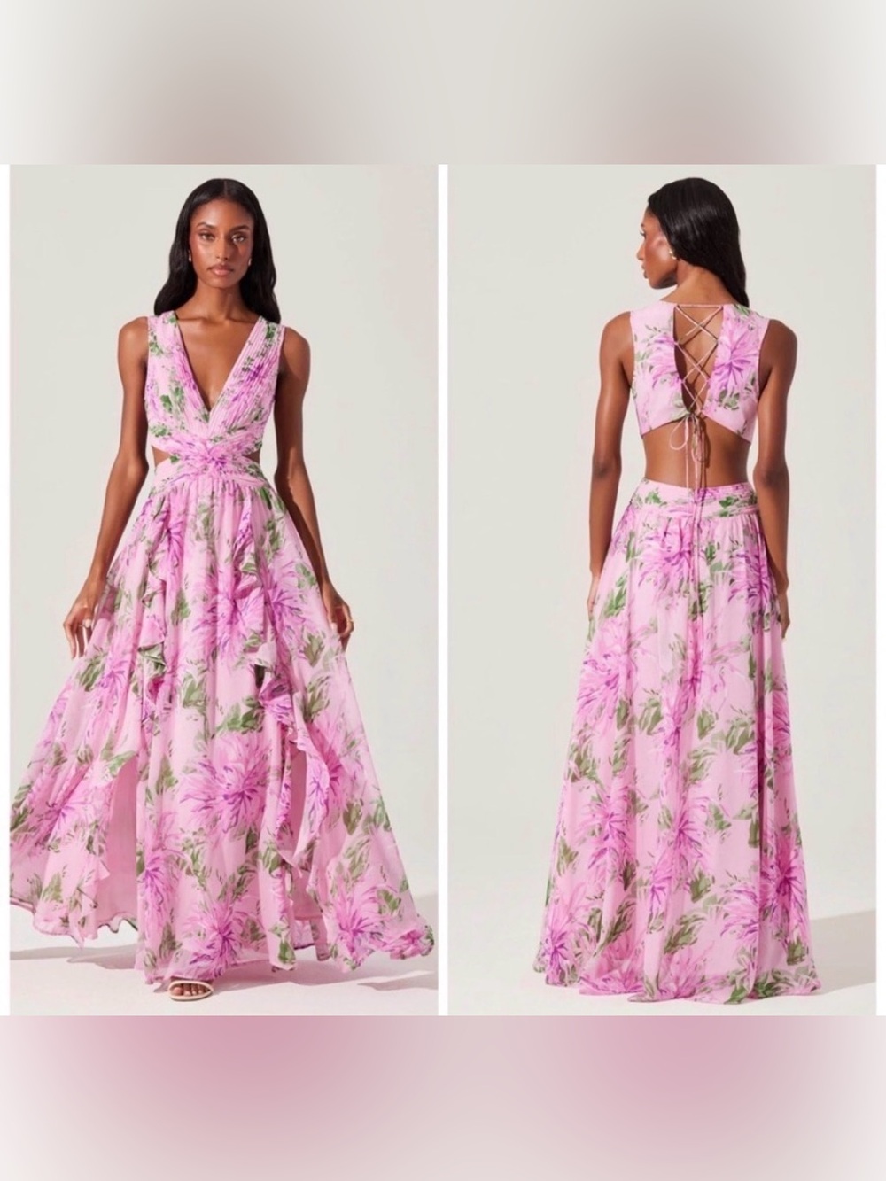 ASTR The Label Noya Maxi Dress Pink Floral Pleated Cut Out Lace Up XL